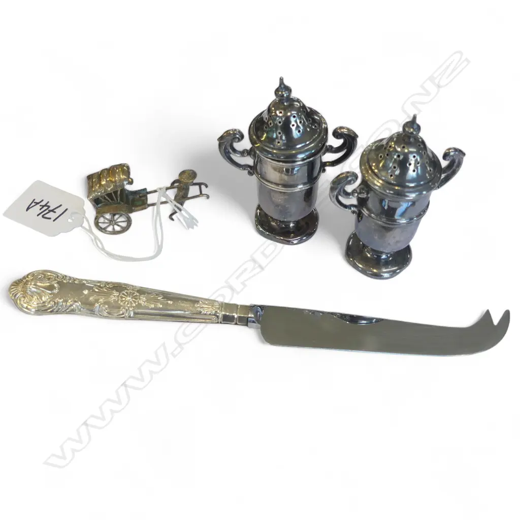 4 PCES SILVER; PR CONDIMENTS, CHEESE KNIFE, ORIENTAL HAND CART Image 1++