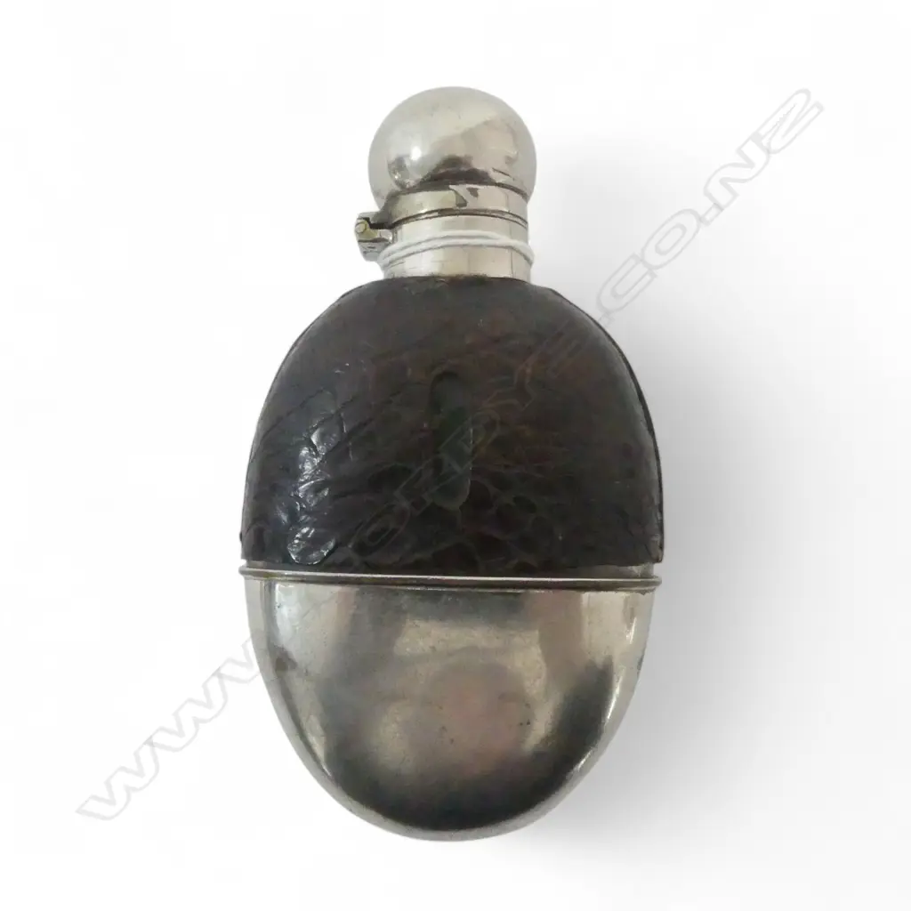 EDWARDIAN SILVER PLATE HIP FLASK half crocodile leather cup to the base bayonet closing top  Image 1++