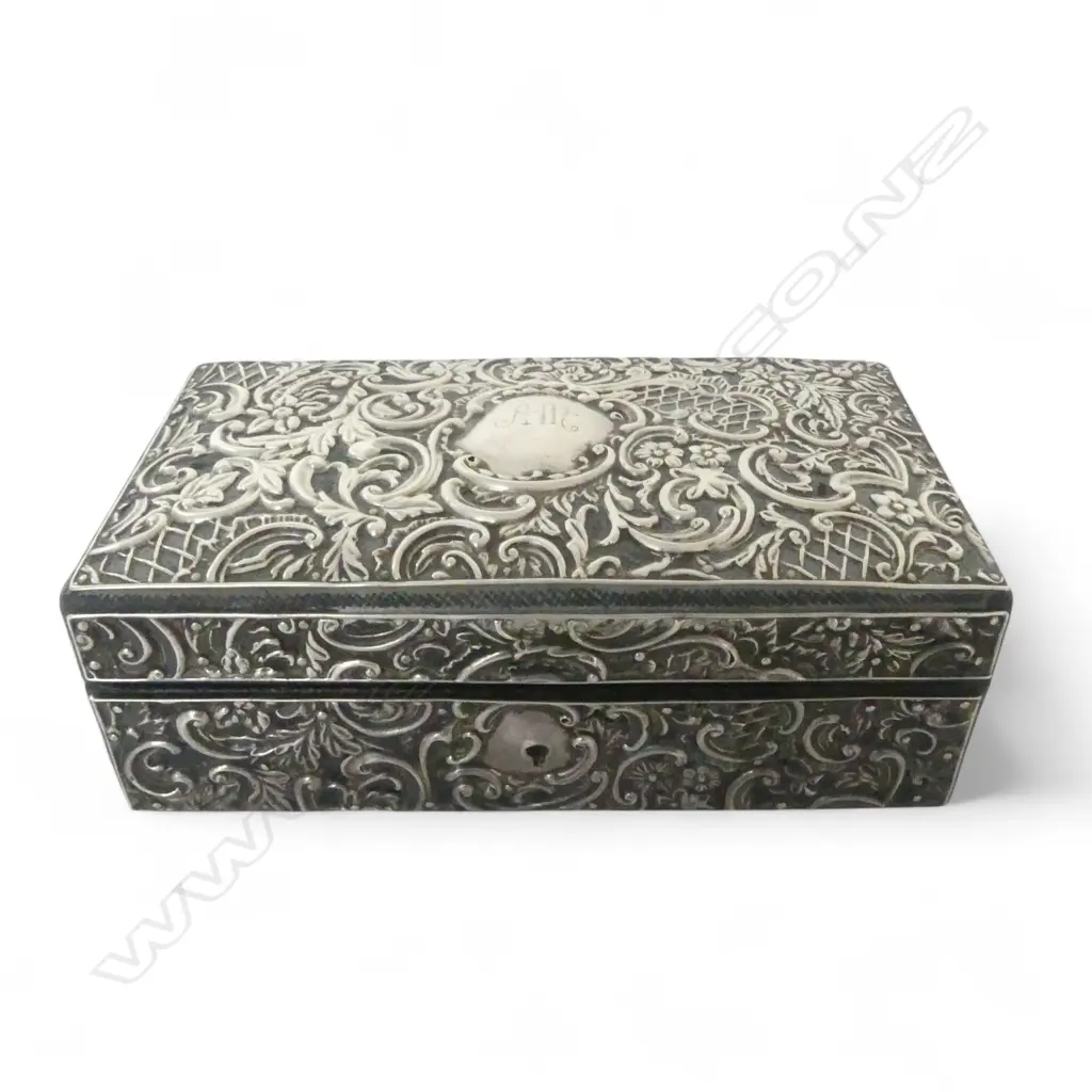 STG SILVER JEWELLERY BOX w. WOOD INTERIOR W.205mm BIRMINGHAM 1897? Image 1++