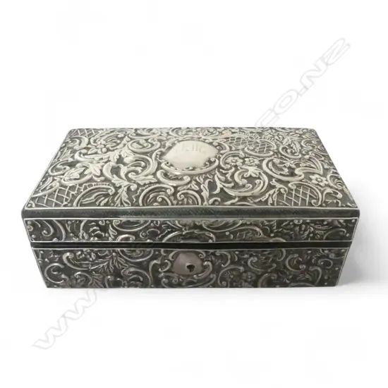 STG SILVER JEWELLERY BOX w. WOOD INTERIOR W.205mm BIRMINGHAM 1897?