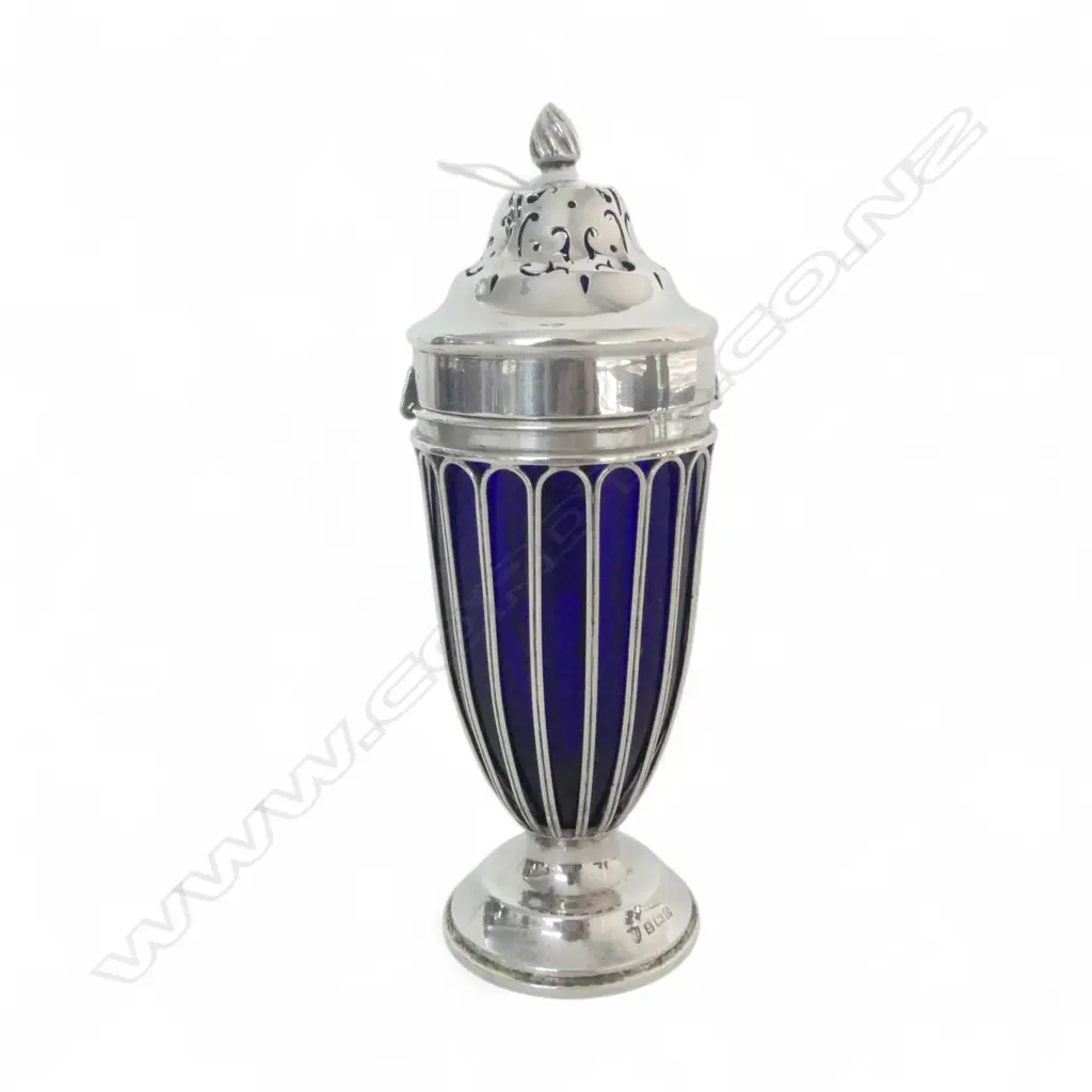 STG SILVER SUGAR SIFTER w. BLUE GLASS LINER H.170mm 150gms Image 1++