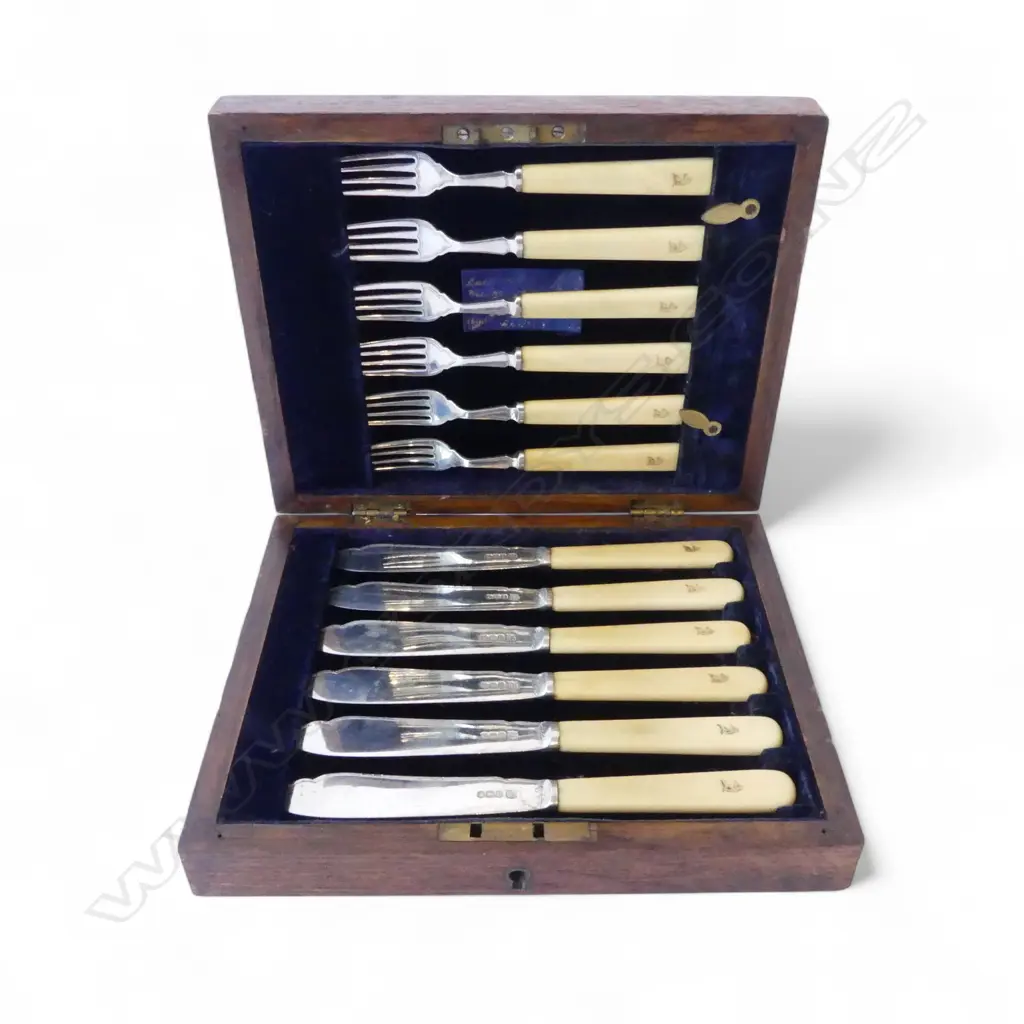 STG SILVER BLADE & IVORY 6 PLACE FISH SET, SHEFFIELD 1918, CASED Image 1++