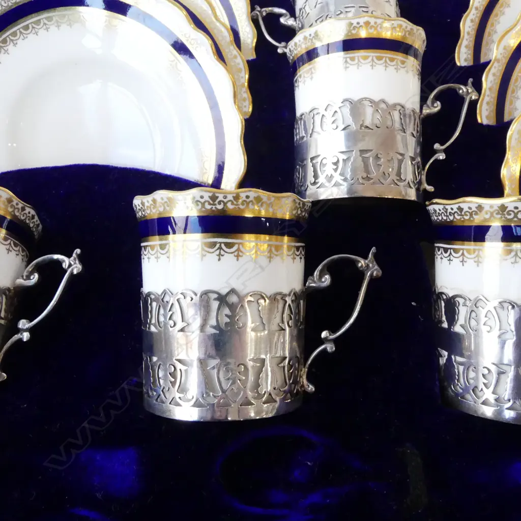 CASED AYNSLEY DEMITASSE SET w. SILVER HOLDERS missing spoons, repairs. Sheffield 1913, Approx. 207gms Image 1++