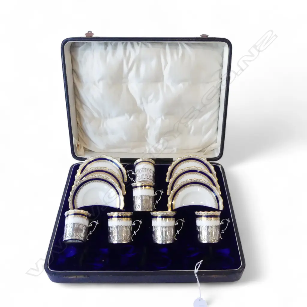 CASED AYNSLEY DEMITASSE SET w. SILVER HOLDERS missing spoons, repairs. Sheffield 1913, Approx. 207gms Image 1++