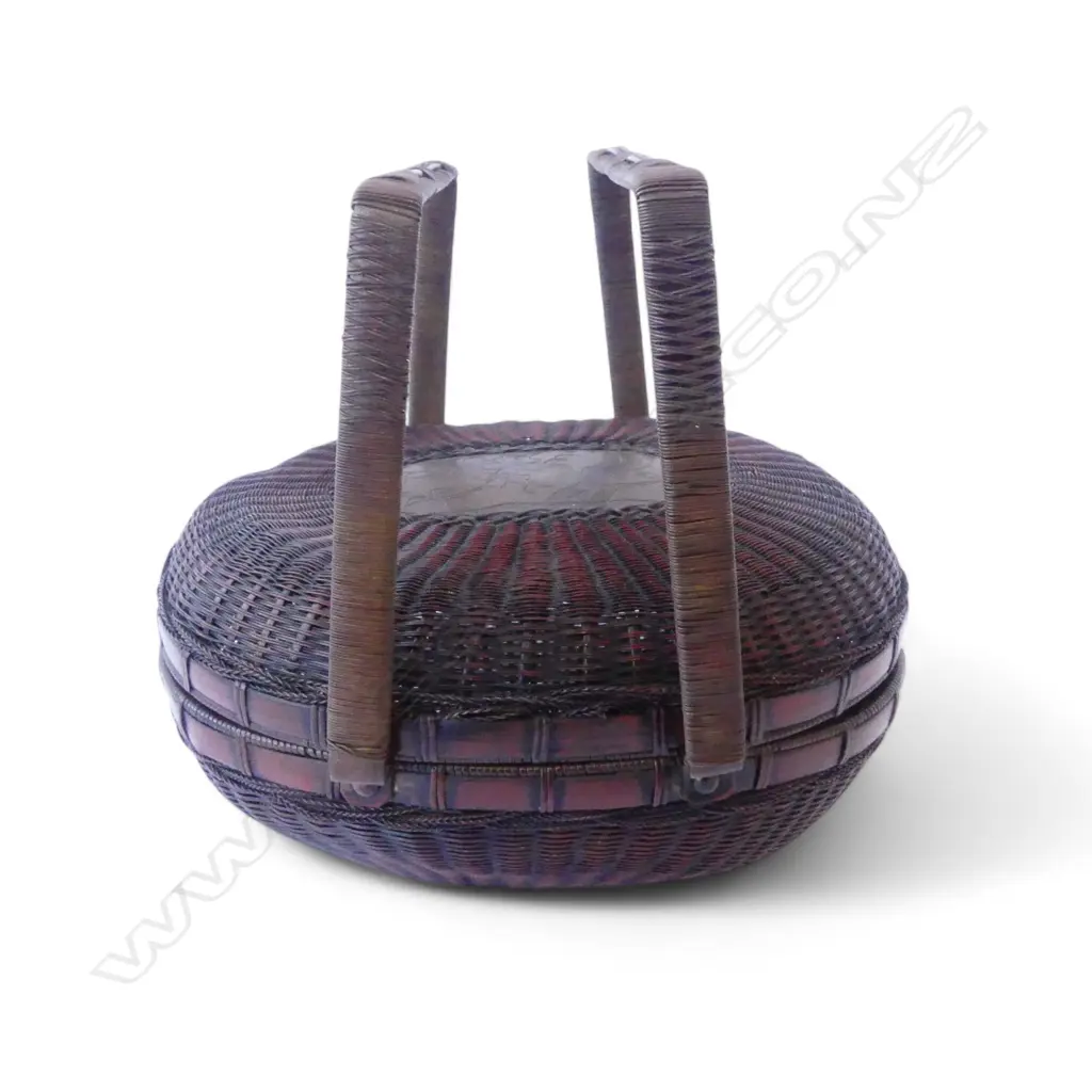 JAPANESE LATE MEIJI WOVEN COPPER LIDED HANAKAGO BASKET H.130 W.130mm cherry blossom detailing to both base and top panel Image 1++