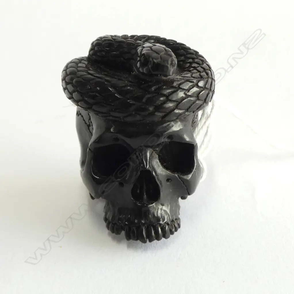 EBONISED WOOD CARVED SKULL & SNAKE OKIMONO, UNSIGNED Image 1++