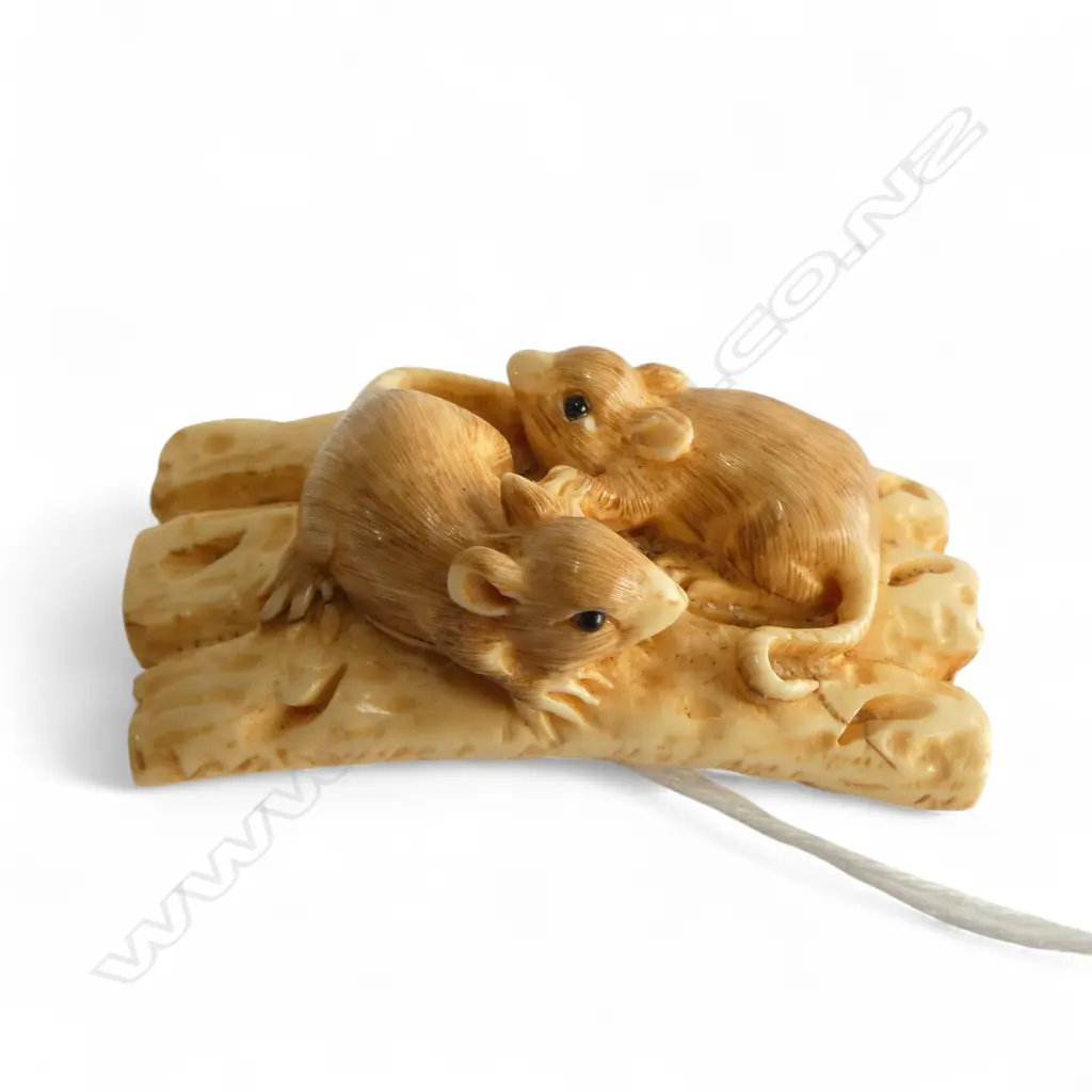 IVORY NETSUKE RATS ON RAFT, UNSIGNED  Image 1++