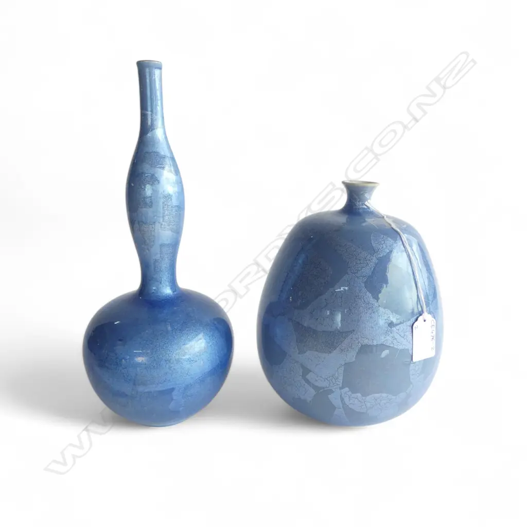 2 STUDIO POTTERY VASES by TACHIBANA HASHIRO H.300 & 220mm blue glaze decorated in ginsai technique with silver foil Image 1++