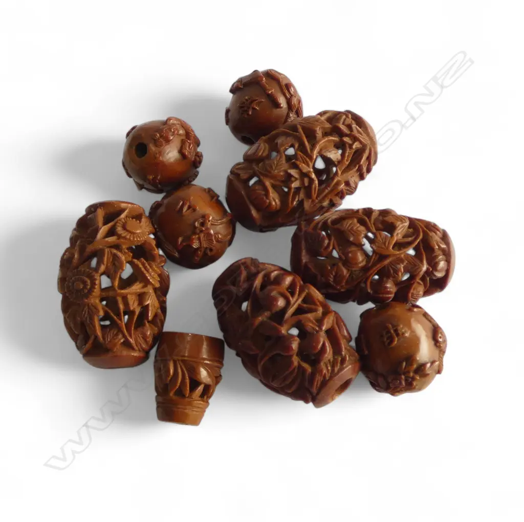 9 19thC CHINESE CARVED & PIERCED PEACH STONES Image 1++