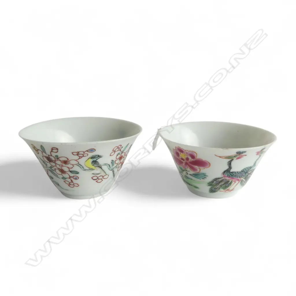 PR CHINESE FAMILLE ROSE WINE CUPS YOUNGZHENG? 65mm dia both w. hairlines Image 1++