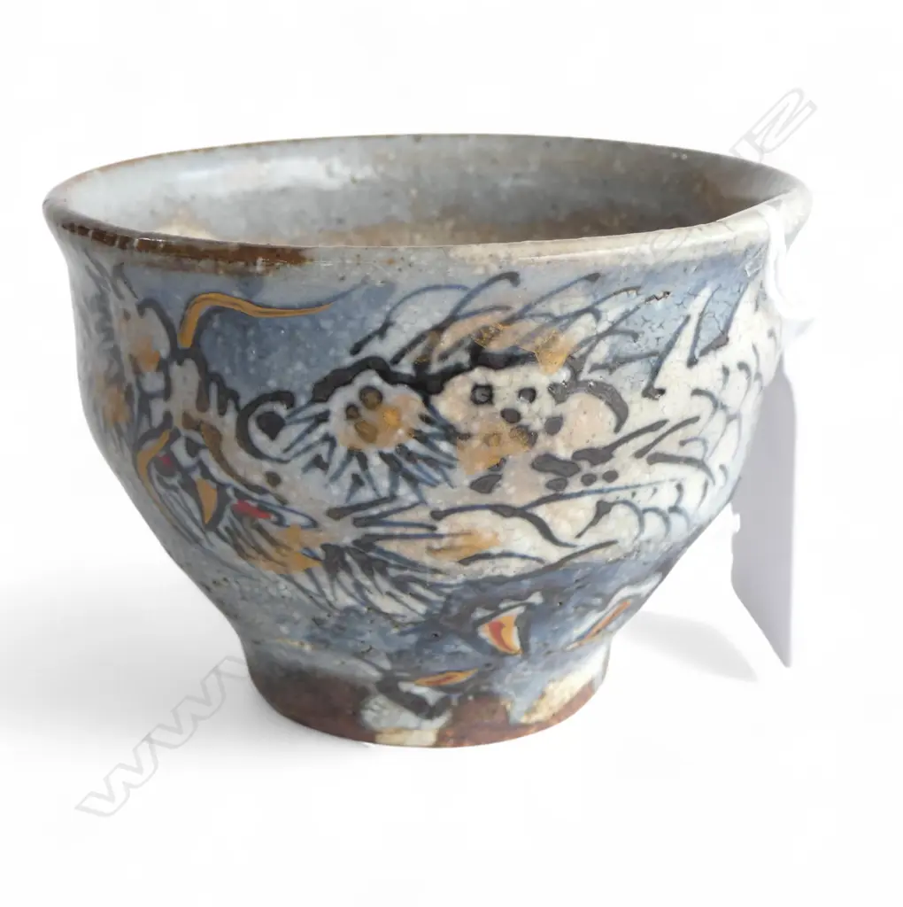 JAPANESE ARTIST POTTER SAKE CUP glazed dragon decoration gilt highlights. Dia.73mm.  Image 1++