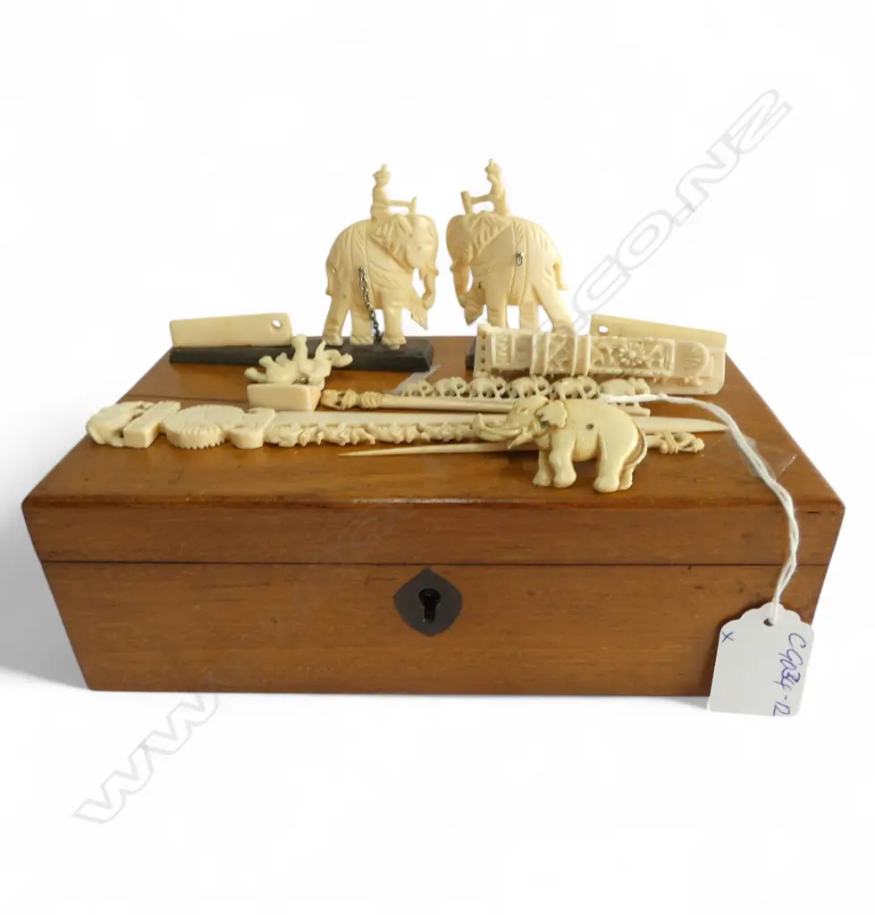 OLD MAHOGANY DEEDS BOX with CARVED IVORY COLLECTION elephant bookends etc 1 elephant not ivory Image 1++