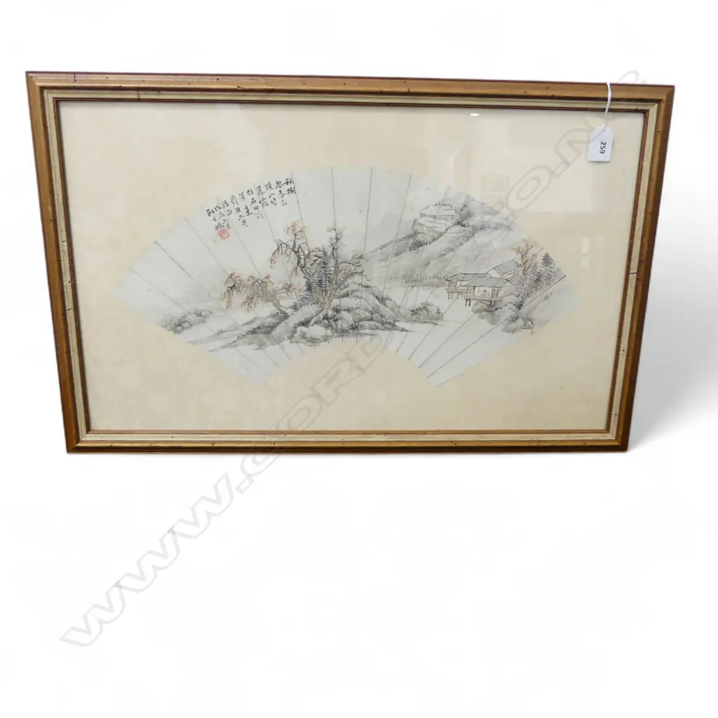FRAMED CHINESE 19thC FOLK ART FAN, INSCRIBED AUTUMN POEM TRANSLATED VERSO, 350x580mm Image 1++