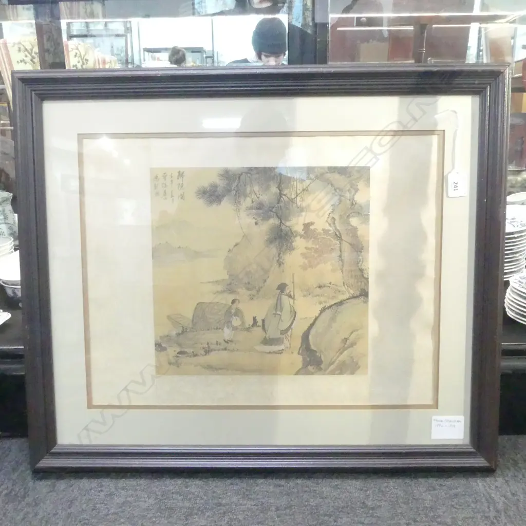 FENG CHAORAN (1882-1954) CHINESE W/C on silk RIVER LANDSCAPE with figures signed w calligraphy 280 x 290mm Image 1++