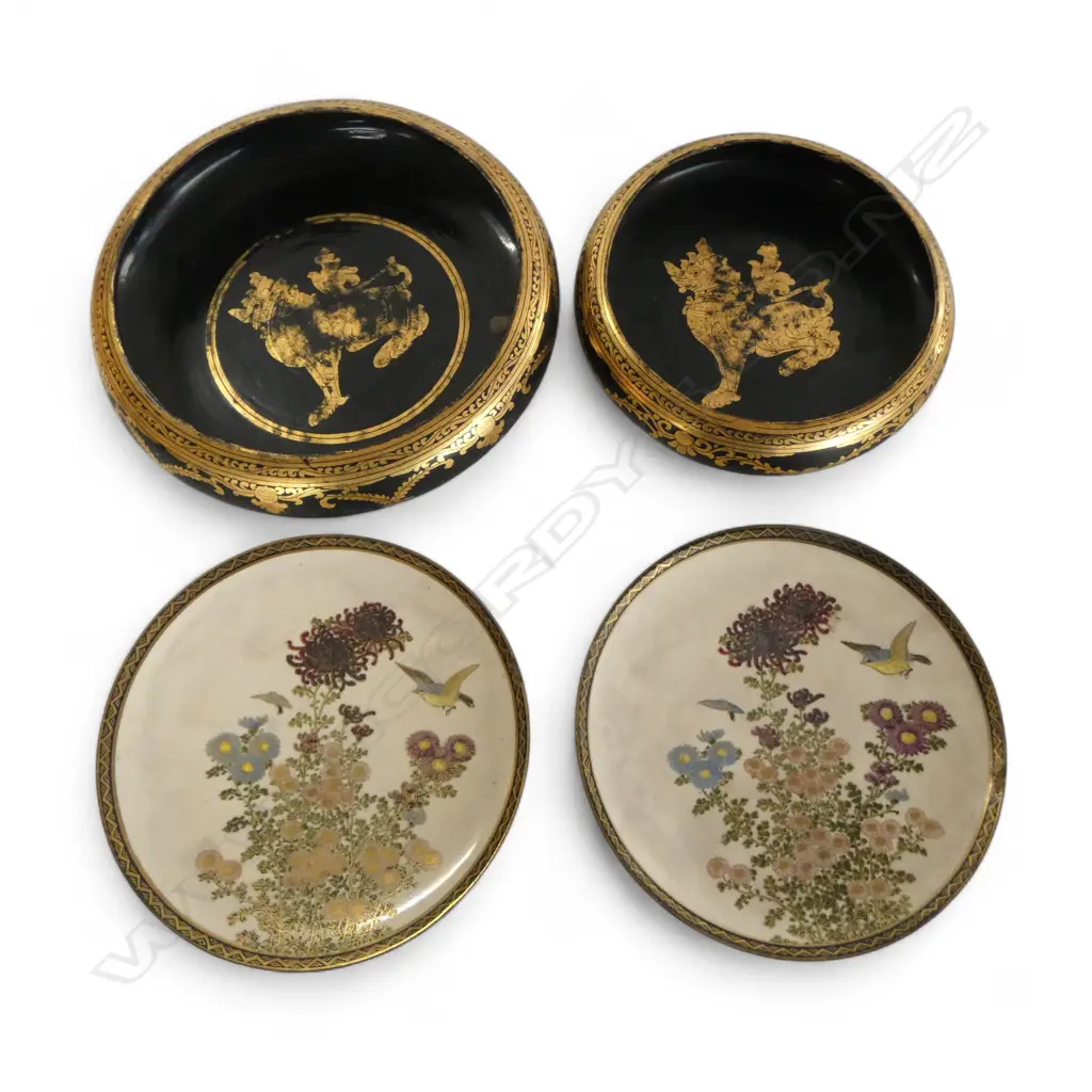 2 SIGNED SATSUAMA PLATES 185mm dia, CHIPS + 2 THAI LACQUER BOWLS 225mm dia Image 1++
