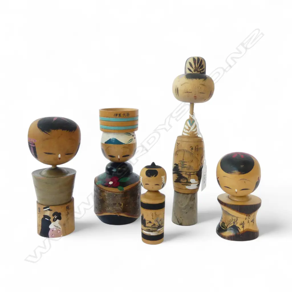 5 1950's VINTAGE KOKESHI DOLLS , 3 w nodding heads, H.85 - 210mm Image 1++