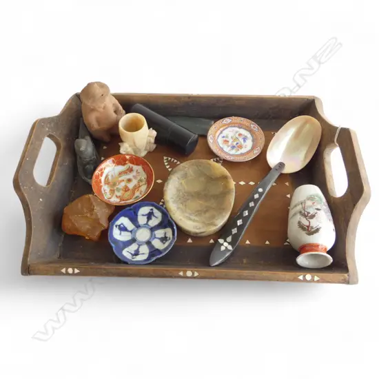 chinese inlaid wood tray l430mm & 12 vintage collectables h100mm tallest