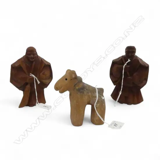 PR JAPANESE MID CENTURY CARVED CEDARWOOD TAKASAGO FIGS. H.140mm & 19thC JAPANESE CLAY DOG, H.100mm