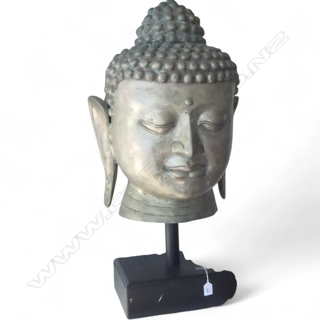 JAVANESE SILVER METAL BUDDHA HEAD ON PLINTH EX EICHHOLTZ H.850mm Image 1++