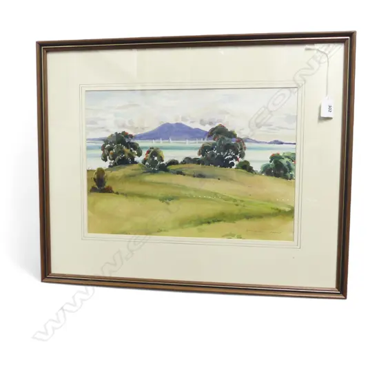 FRAMED W/C RANGITOTO SIGNED LINSAY JOLLY H280 W390MM