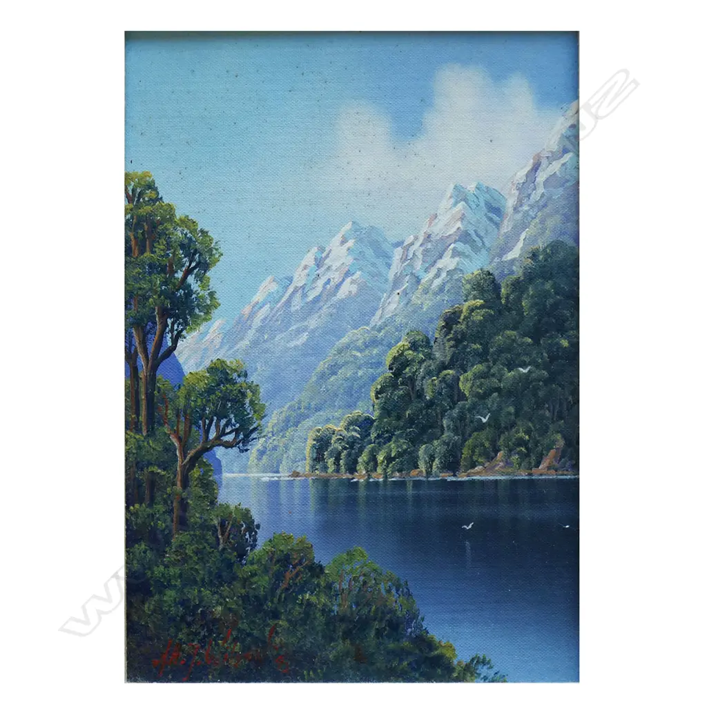 FIORD SCENE w MOUNTAINS, OIL ON BOARD, SIGNED AHJ WILSON (Tim Wilson) & DATED '92, 260 x 180mm Image 1++