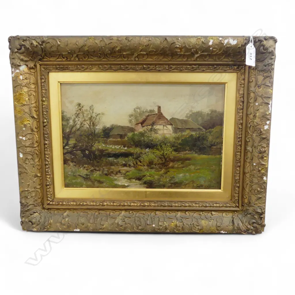 LEOPOLD RIVERS, THATCHED ROOFED COTTAGES WITH GEESE, OIL ON BOARD, 200x300mm Image 1++