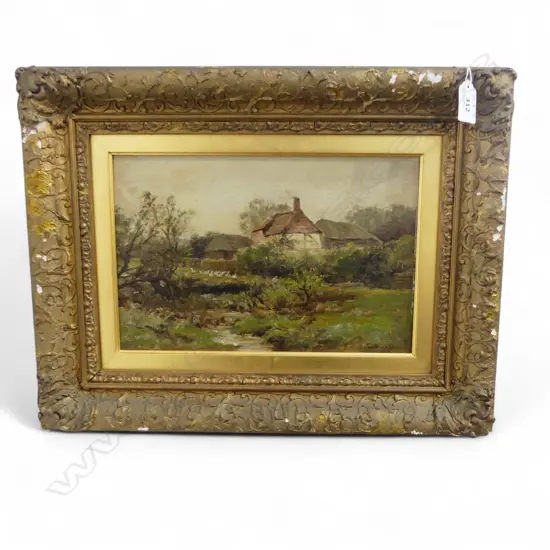 LEOPOLD RIVERS, THATCHED ROOFED COTTAGES WITH GEESE, OIL ON BOARD, 200x300mm