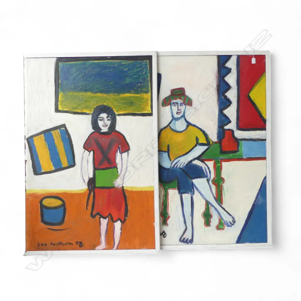 LEE FELTHAM, PORTRAITS ,FRAMED (DAMAGED) ACRYLIC ON BOARD X 2, LGST 1160 X 970MM, provenance below Image 1++