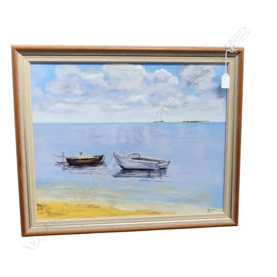 OIL ON BOARD COASTAL BOATS SIGNED A JONES H310 L480MM