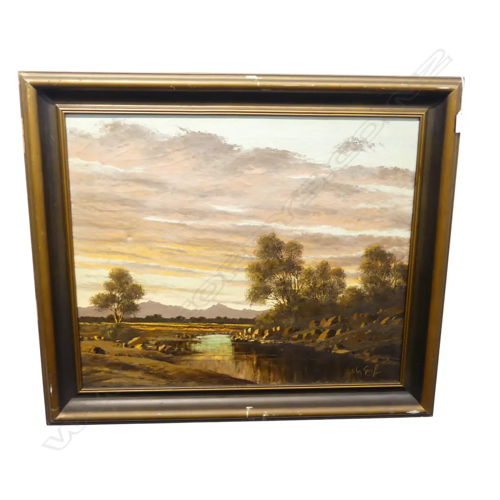 JOHAN GREEFF (SA c.1904 - 1949) SUNSET LANDSCAPE, OIL ON CANVAS 500x600mm impact mark Image 1++
