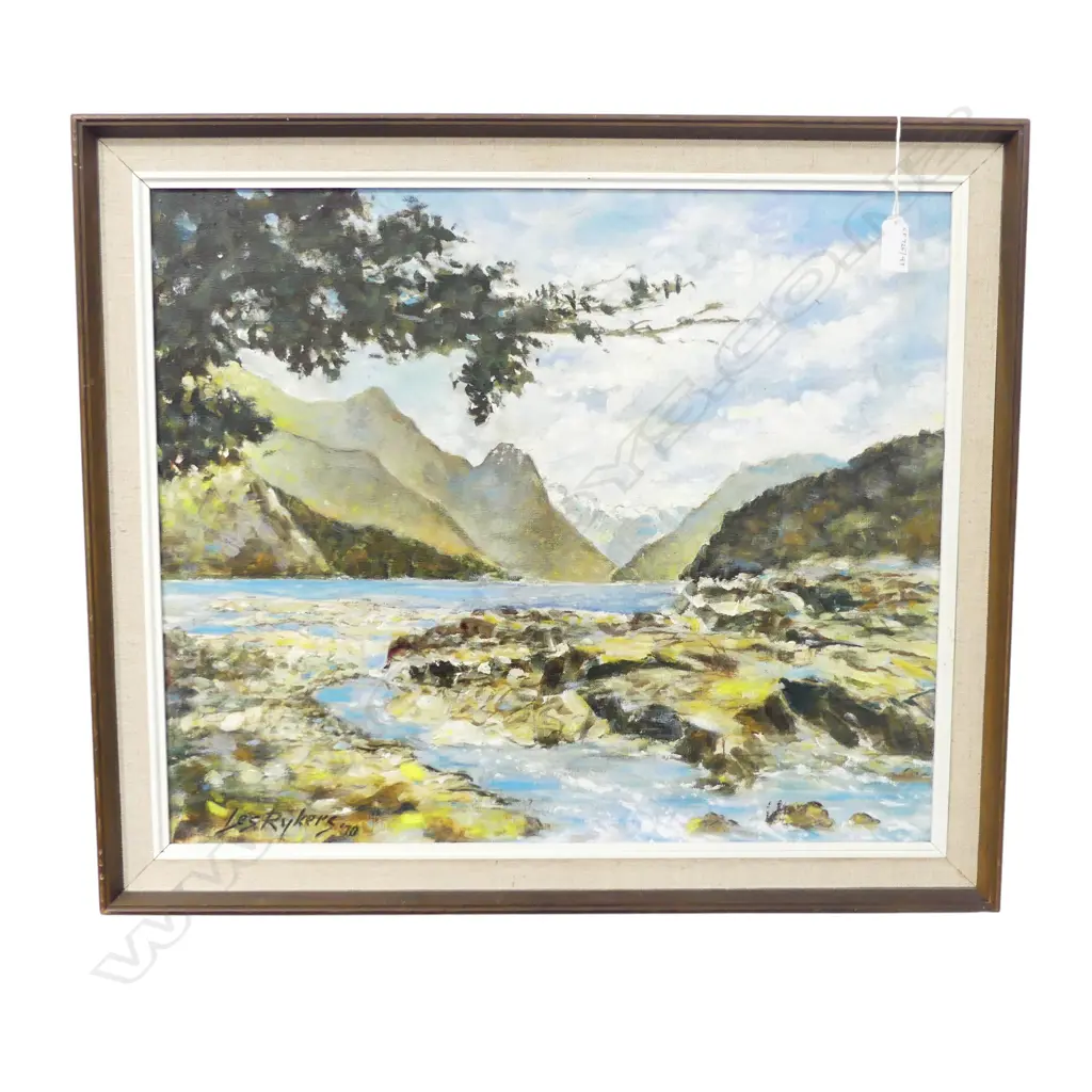 MID CENTURY OIL ON BOARD MILFORD SOUND SIGNED LES RYKERS H440 L500MM Image 1++