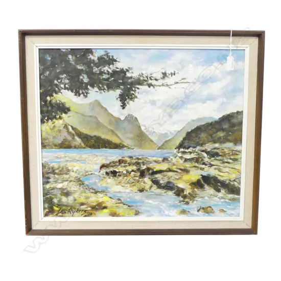 MID CENTURY OIL ON BOARD MILFORD SOUND SIGNED LES RYKERS H440 L500MM