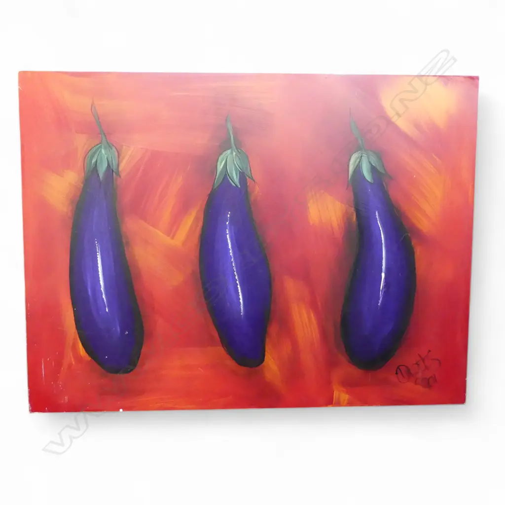 DEEANNE HOBBS, 3 EGGPLANTS, ACRYLIC ON BOARD 2001 600x800mm Image 1++