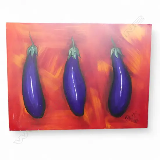 DEEANNE HOBBS, 3 EGGPLANTS, ACRYLIC ON BOARD 2001 600x800mm