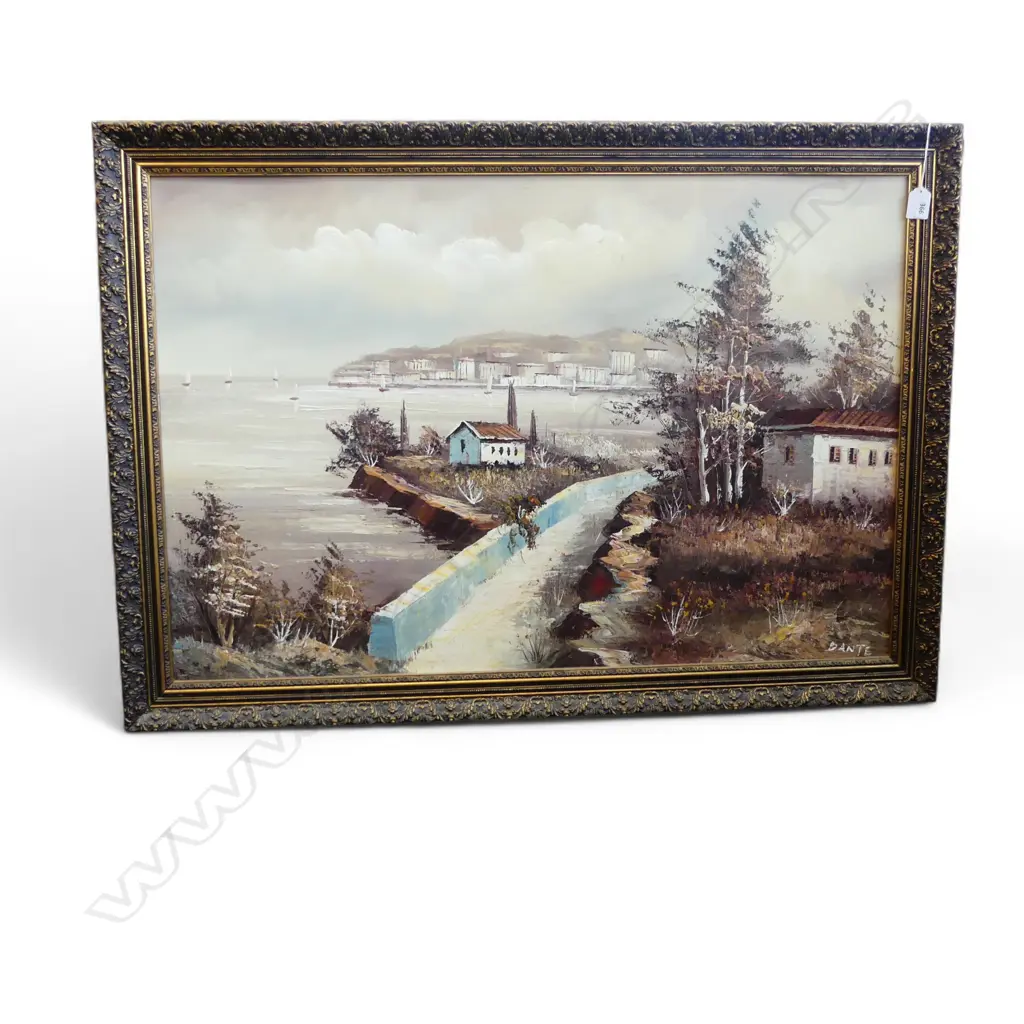 LARGE GILT FRAMED OIL ON BOARD ITALIAN COAST SIGNED DANTE H570 L880MM Image 1++