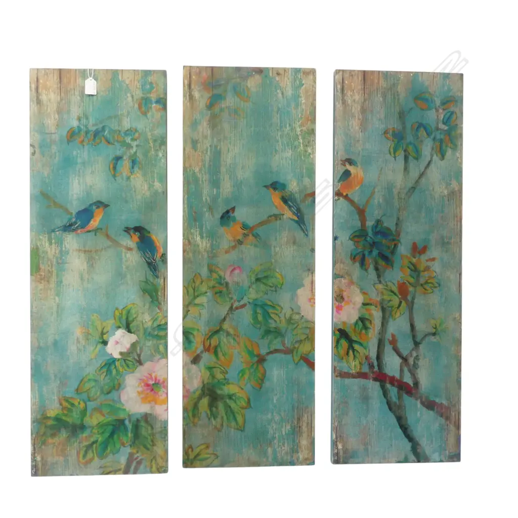 TRIPTYCH; FLORAL & BIRDS PRINT ON BOARD 900x300mm each, faults Image 1++