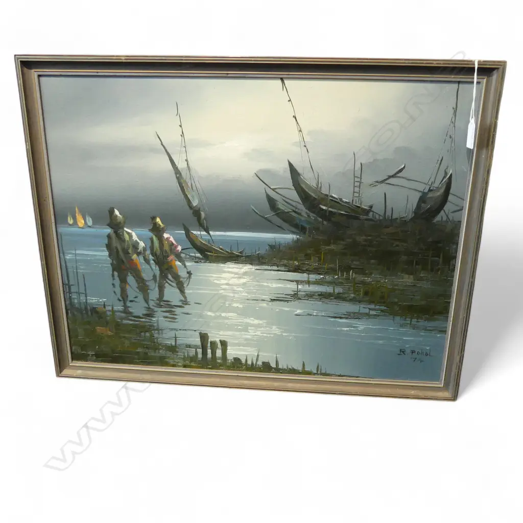 OIL ON BOARD ASIAN FISHERMEN AT NIGHT SIGNED R POHOL 74 Image 1++