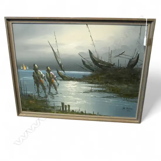 OIL ON BOARD ASIAN FISHERMEN AT NIGHT SIGNED R POHOL 74