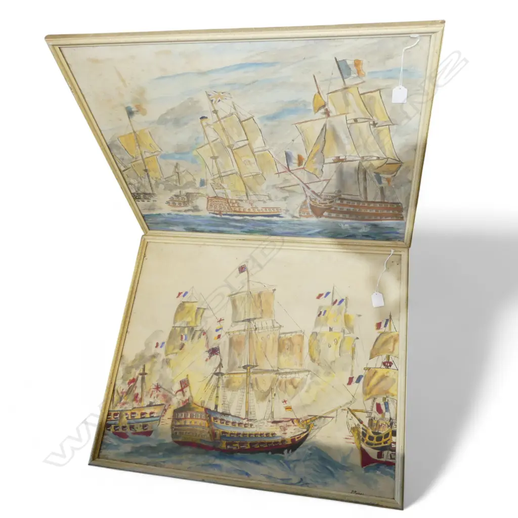 PR OF FRAMED W/CSS NAPOLIONIC SEA BATTLE SCENES SIGNED PURCELL H540 W630MM Image 1++