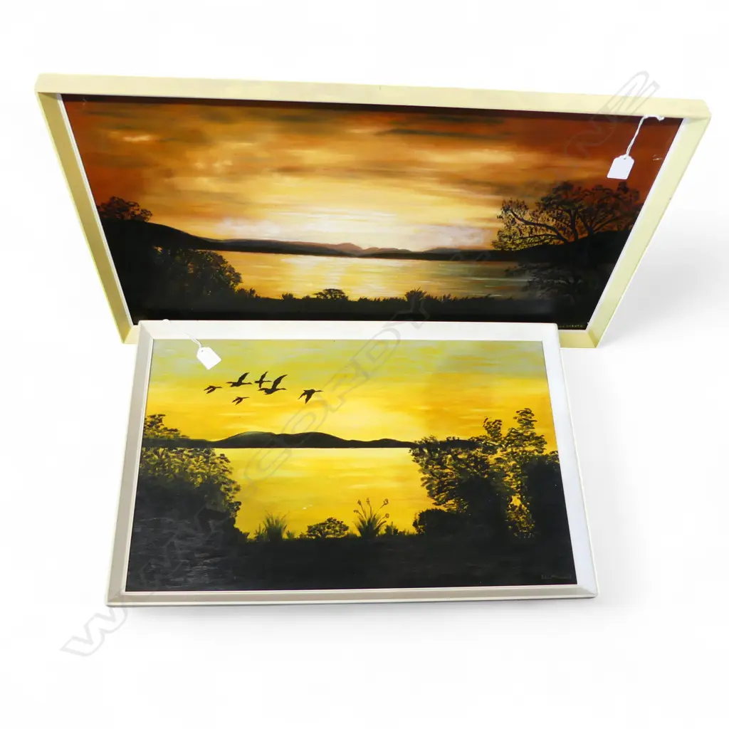 2 MID CENTURY OILS ON BOARD SUNSET SCENES SJ LITTLEWOOD H360 W580MM & VEE BARKER H390 W710MM Image 1++