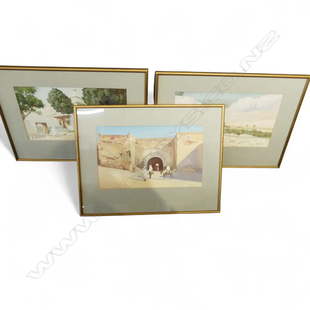 3 INDISTINCTLY SIGNED PAINTINGS, EASTERN SCENES, 270x450mm Image 1++