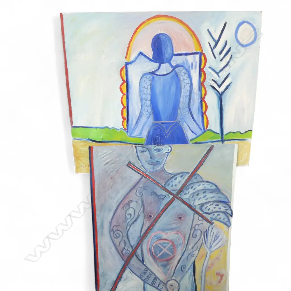 LEE FELTHAM, YOUNG GIRL IN BLU & ANGEL , ACRYLIC ON BOARD x 2, LGST 1200 X 1000MM provenance below Image 1++