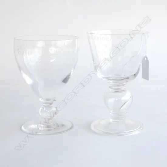 2 ROYALTY QEII 1953 CORONATION ETCHED CRYSTAL GOBLETS ROYAL BRIERLEY, H.150MM