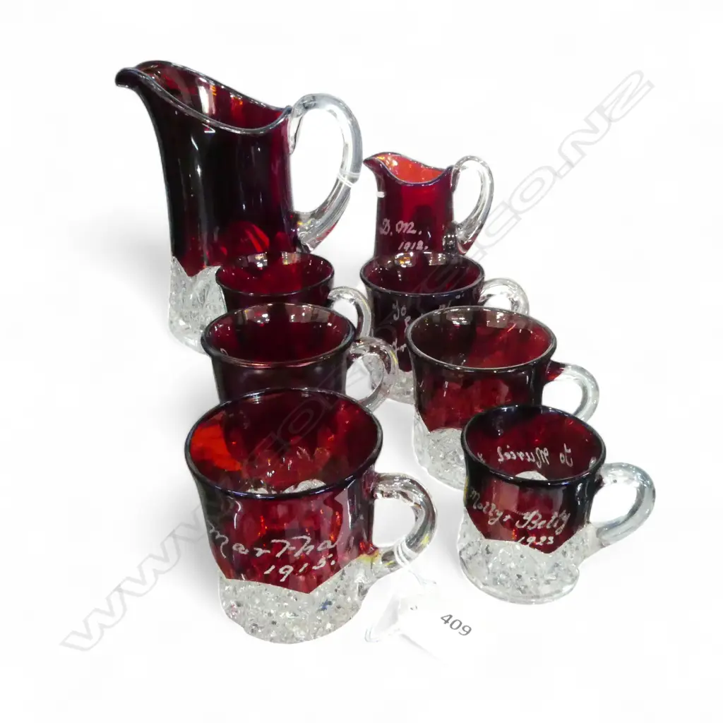 COLLECTION RED EDWARDIAN EXIBITION GLASS 2 JUGS H170MM TALLEST & 6 MISS MATCHED BEAKERS Image 1++