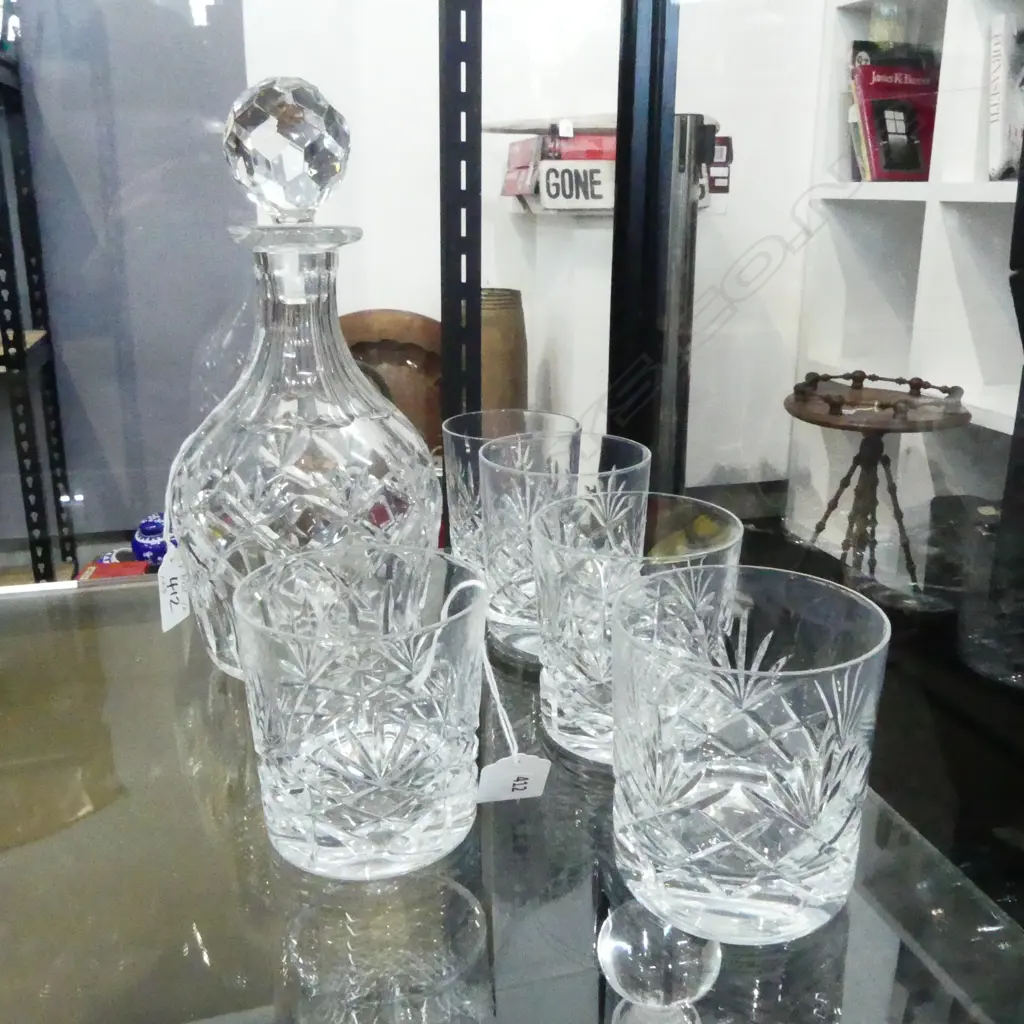 CRYSTAL DECANTER & FIVE CRYSTAL WHISKEY GLASSES Image 1++