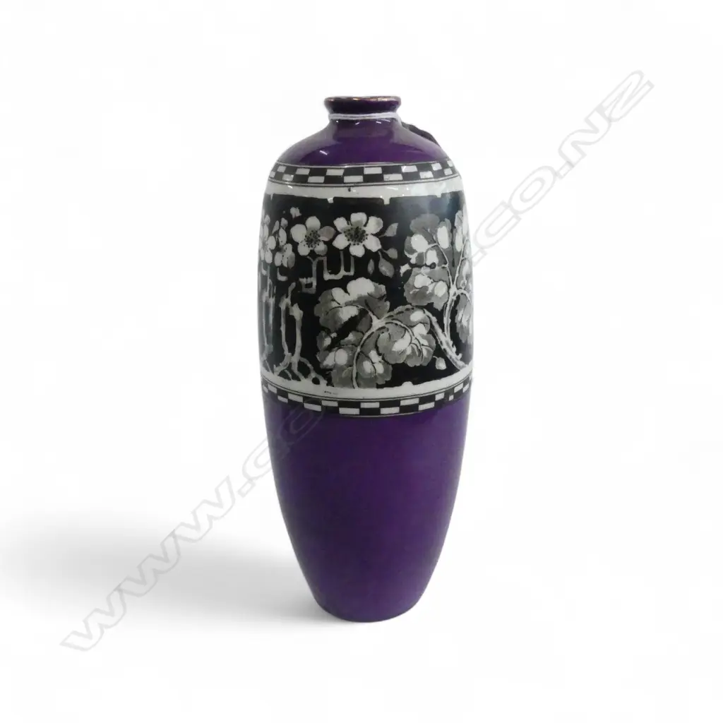 PHOENIX WARE THOMAS FORRESTER & SON VASE. Mauve w stylised band bird etc H.220mm Image 1++
