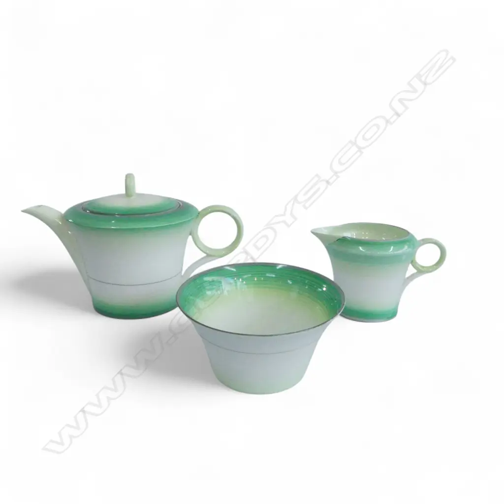 3PC SHELLEY CHINA TEASET TEAPOT C/SUGAR GREEN COLOURWAY Image 1++