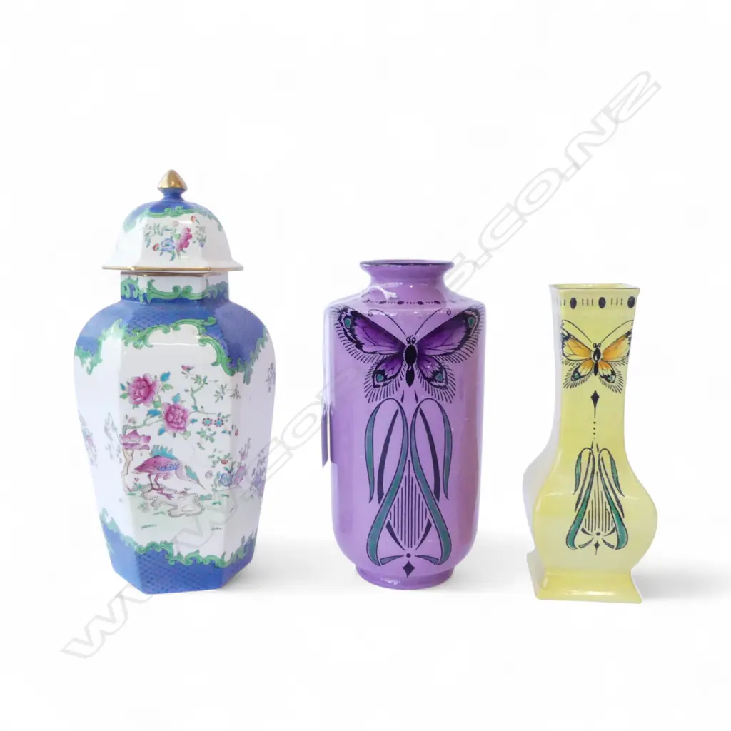 SHELLEY CHINA LIDDED JAR H240MM & 2 SHELLEY VASES H190MM Image 1++