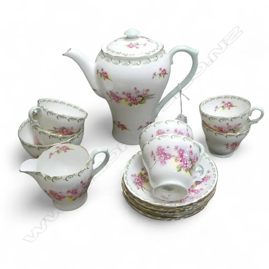 SHELLEY CHINA COFFEE SET COFFEE POT C/SUGAR & 6CS BLOSSEM PAT CRACK TO SUGAR BOWL Image 1++