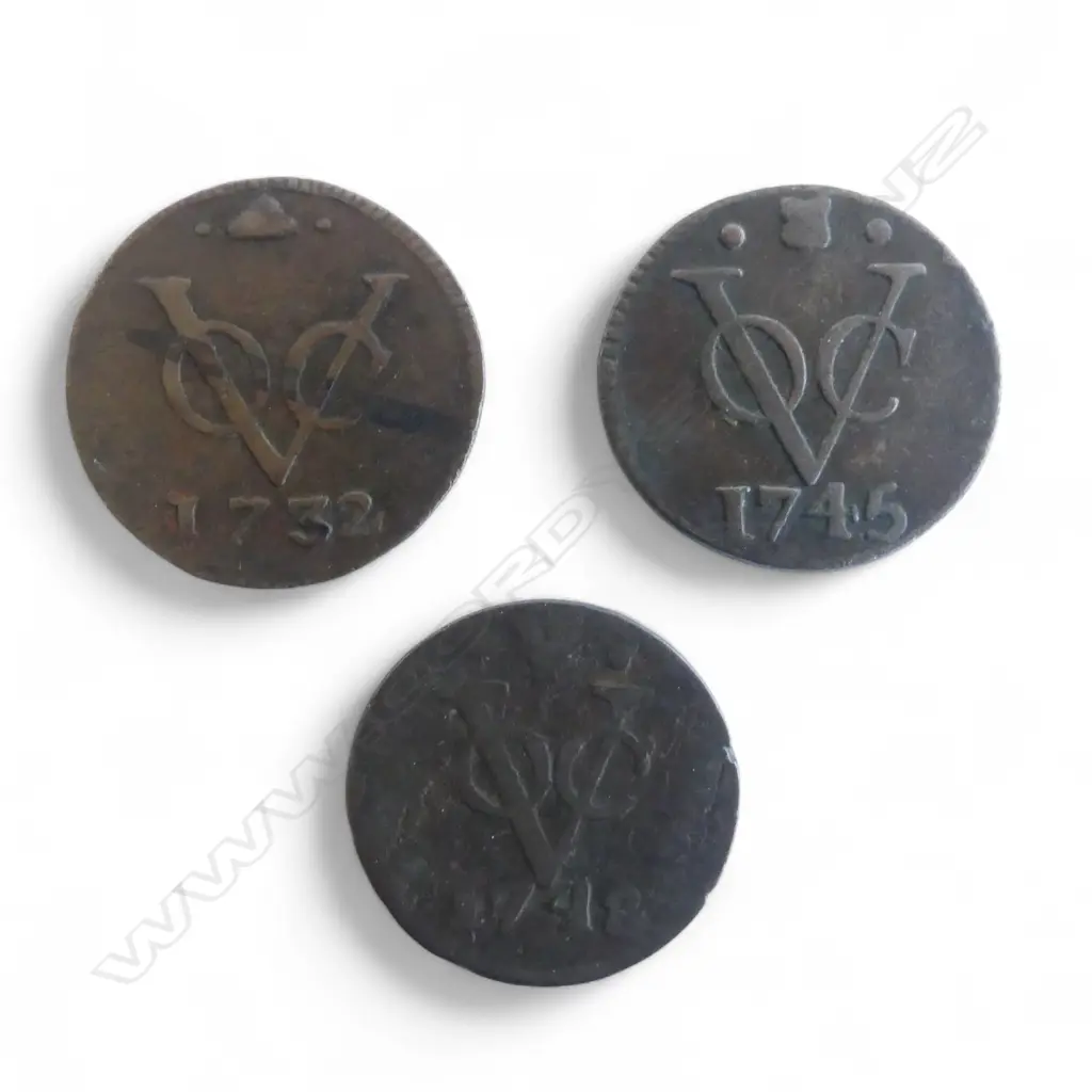 3 DUTCH EAST INDIA COMPANY VOC COIN TOKENS; 1732, 1745, 1748 22mm dia Image 1++